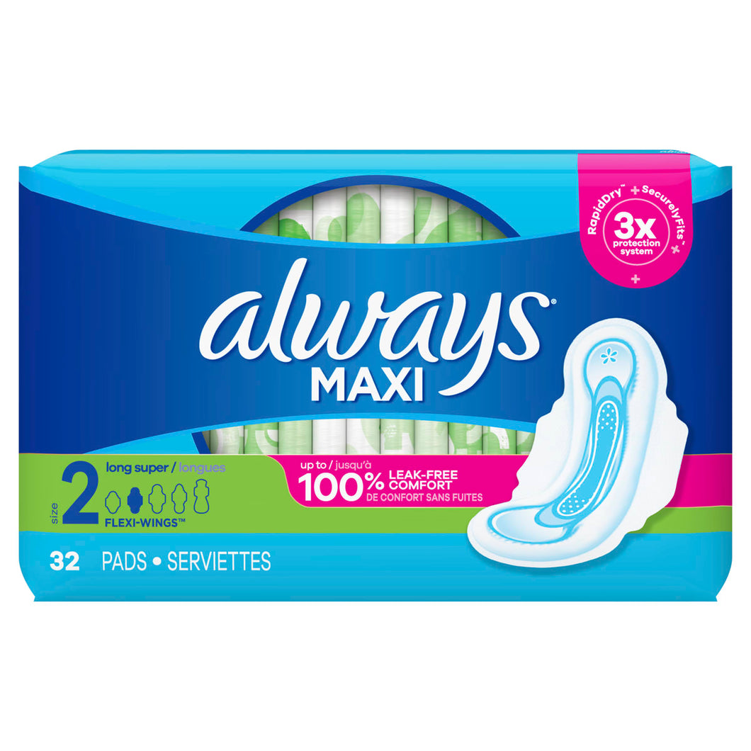 Always: Maxi Size 2 Long Super Pads With Wings, Unscented