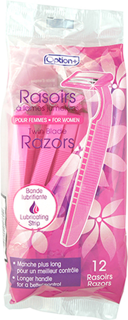 Option+: Twin Blade Razors with Lubrication Strip For Women | 12 Razors